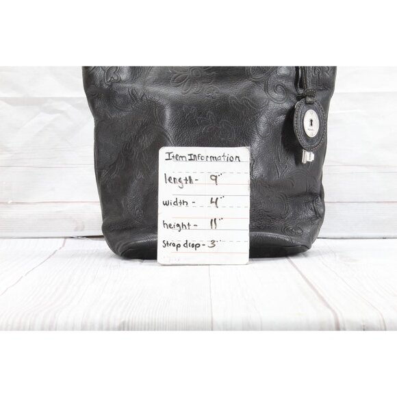 Fossil Rachel Black Leather Floral Snap Tooled Dual Handle Handbag - Picture 9 of 9